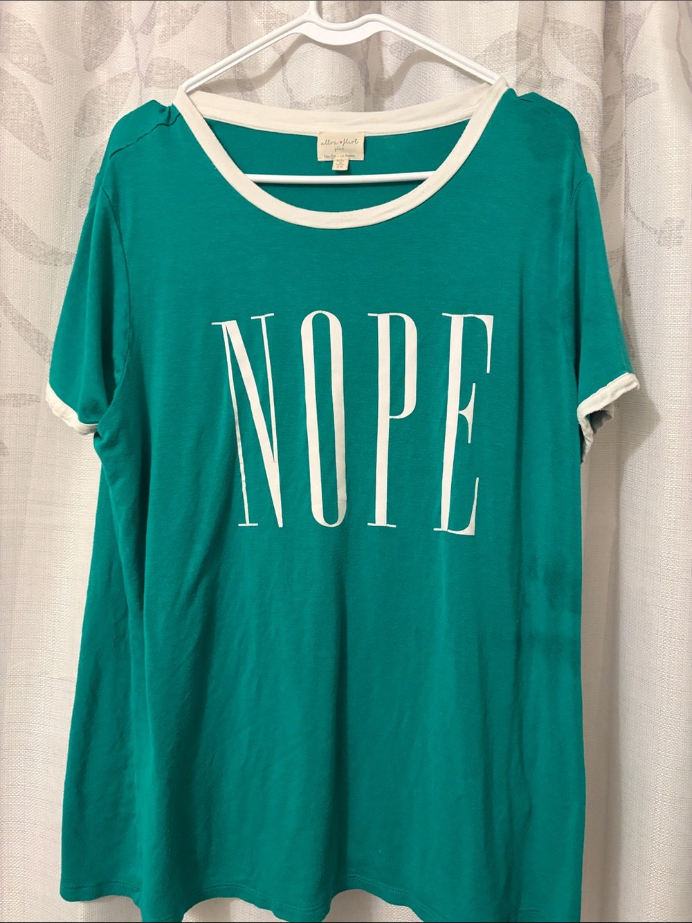 Ultra Flirt Teal Ringer Tee with White "NOPE" Print